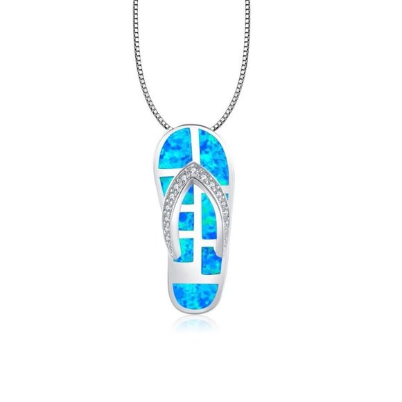 Hawaiian Blue Fire Opal Flip Flop Necklace Pendant Silver Plated Rhinestones NIB - Picture 2 of 8